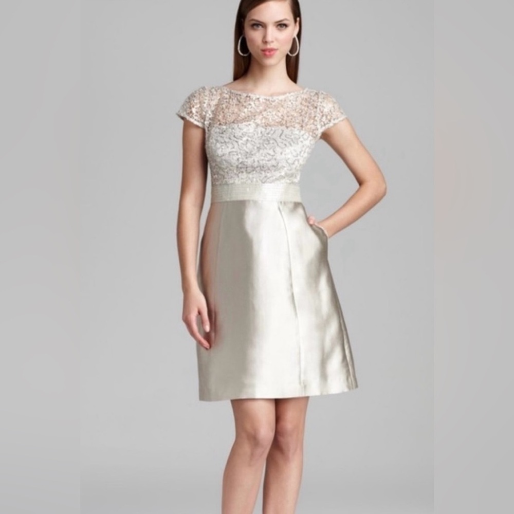 Kay Unger NWT Moir Lace Sequin Lace Wedding Formal Party Dress Silver Size 10